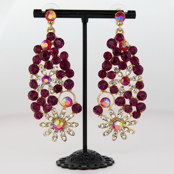 VTG Statement Rhinestone Dangle Earrings | Magenta & Iridescent Crystal Glam - Picture 1 of 4